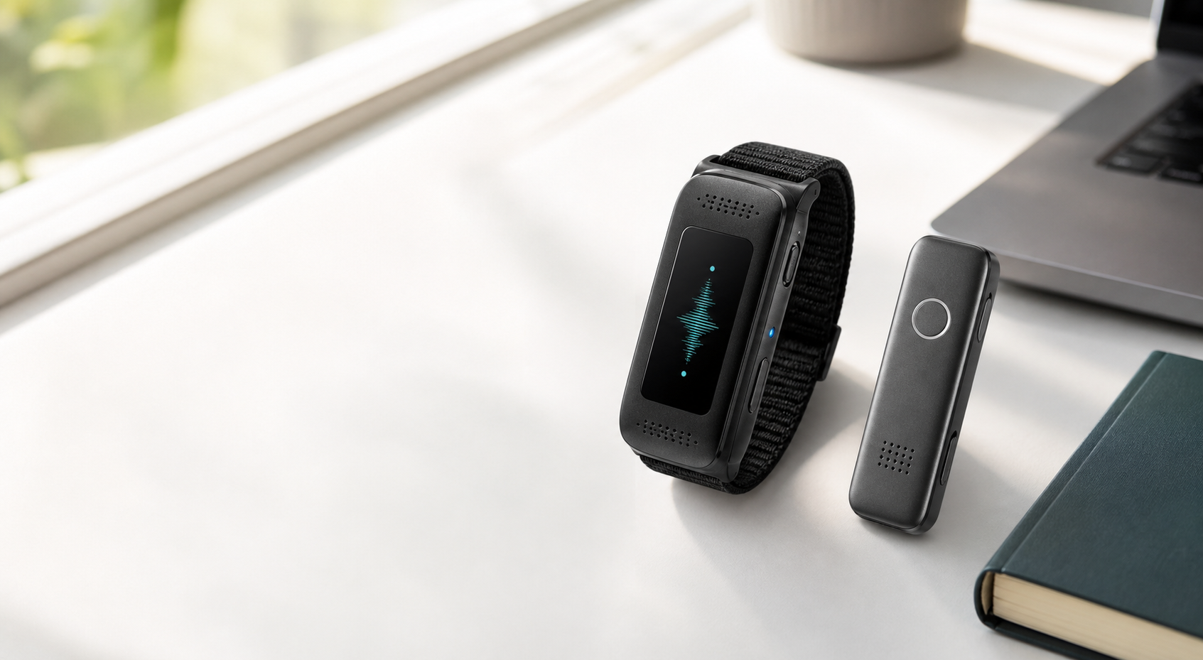 Audream wearable and card recorders on a bright desk